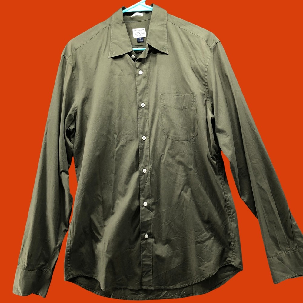 J.Crew Slim Stretch Secret Wash Olive Green Button Down Poplin Shirt Mens Medium